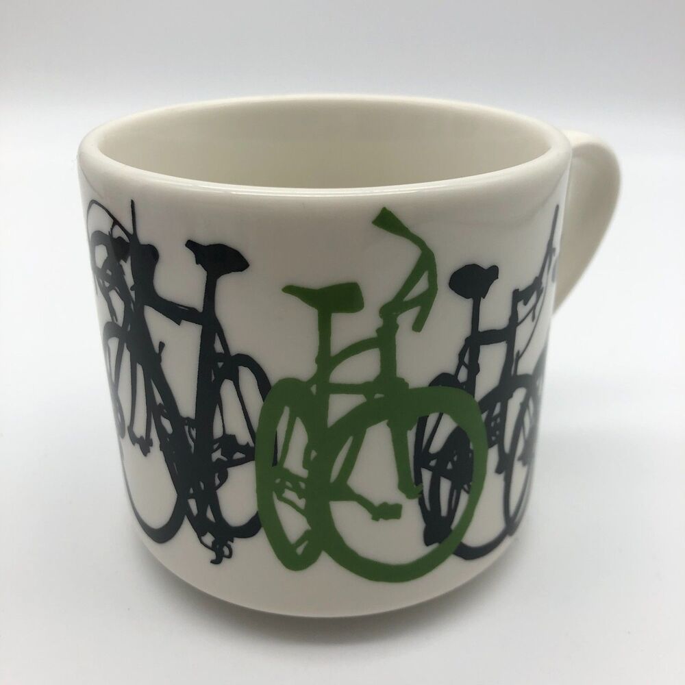 Fishs Eddy Coffee Mug Cup Artist Taliah Lempert Black Green White Bike Bicycle